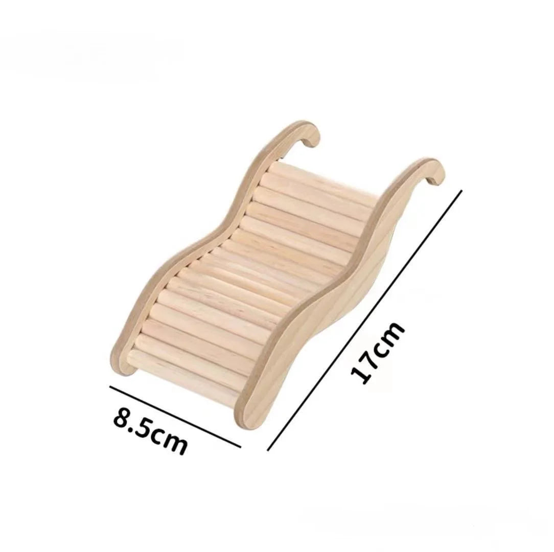 A light wooden wave staircase for a hamster toy featuring a curved slide.