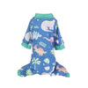 A blue animal print dog jumpsuit onesie featuring various cute animals like a cat, dinosaur, and other jungle creatures.
