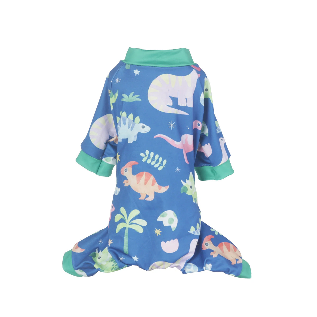 A blue animal print dog jumpsuit onesie featuring various cute animals like a cat, dinosaur, and other jungle creatures.