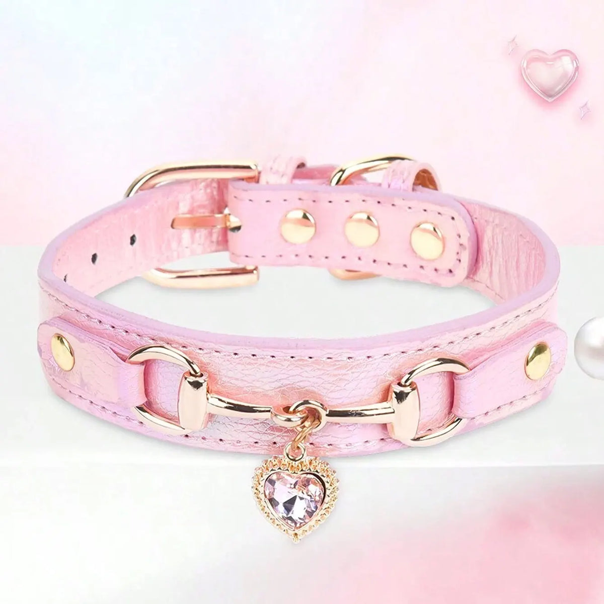 Pink gemstone-embellished PU leather dog collar with gold hardware