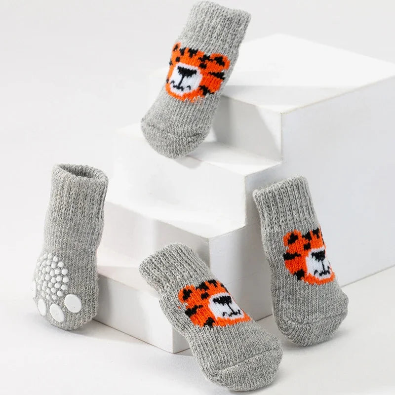 Cozy Knit Pet Socks with Anti-Slip Sole – Tiger Design, 4-Pack