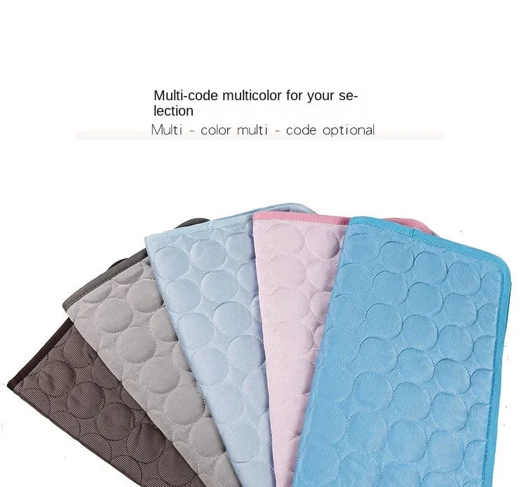 A collection of multi-colored ice silk cooling pet mats for dogs and cats.