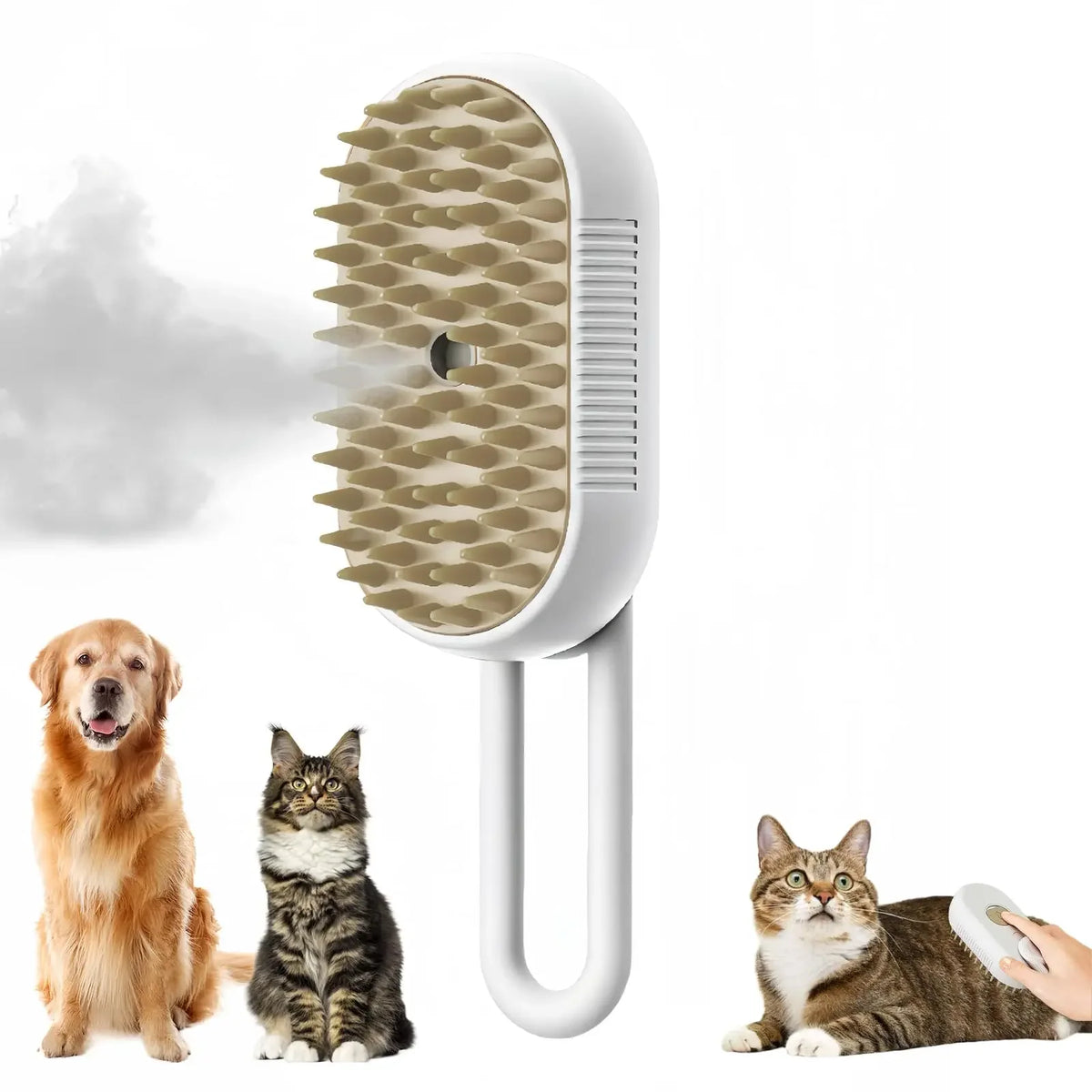 A white pet grooming brush with a steam spray attachment is shown next to a dog and a cat.