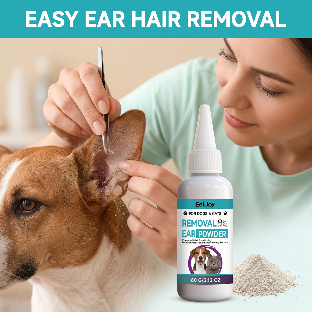 A woman is using a dropper to apply EelJoy Removal Ear Powder to a dog's ear.