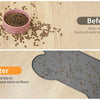 Before and after comparison showing a silicone pet feeding mat preventing food and water stains on wooden floors.