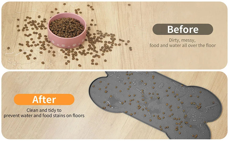 Before and after comparison showing a silicone pet feeding mat preventing food and water stains on wooden floors.
