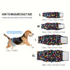 Diferentes tamaños de tiras lavables estampadas para pañales de perros, mostrados con medidas.
