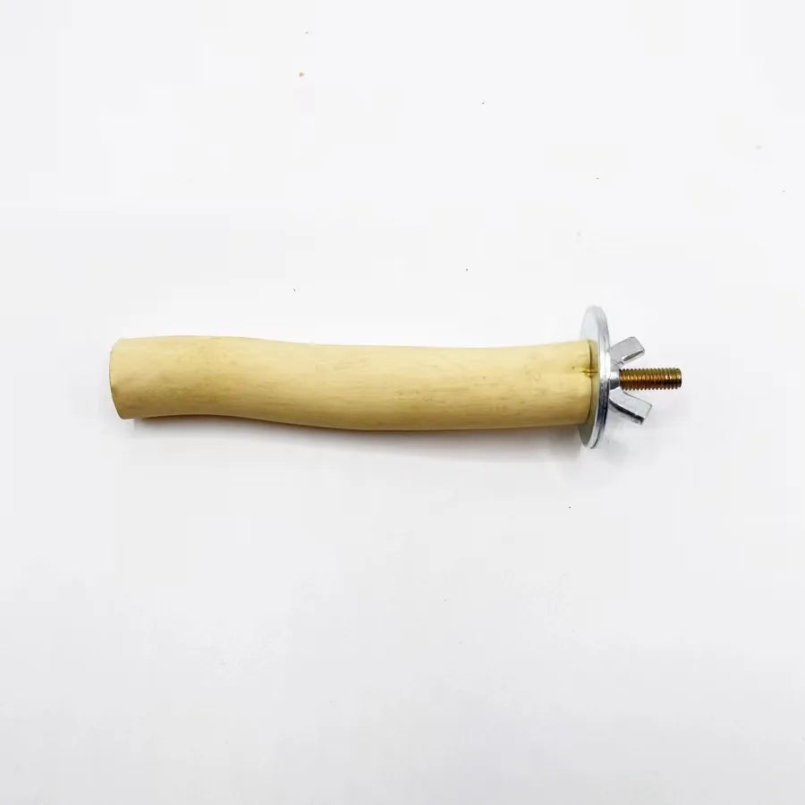 A natural wood bird perch and chew toy with a metal attachment.