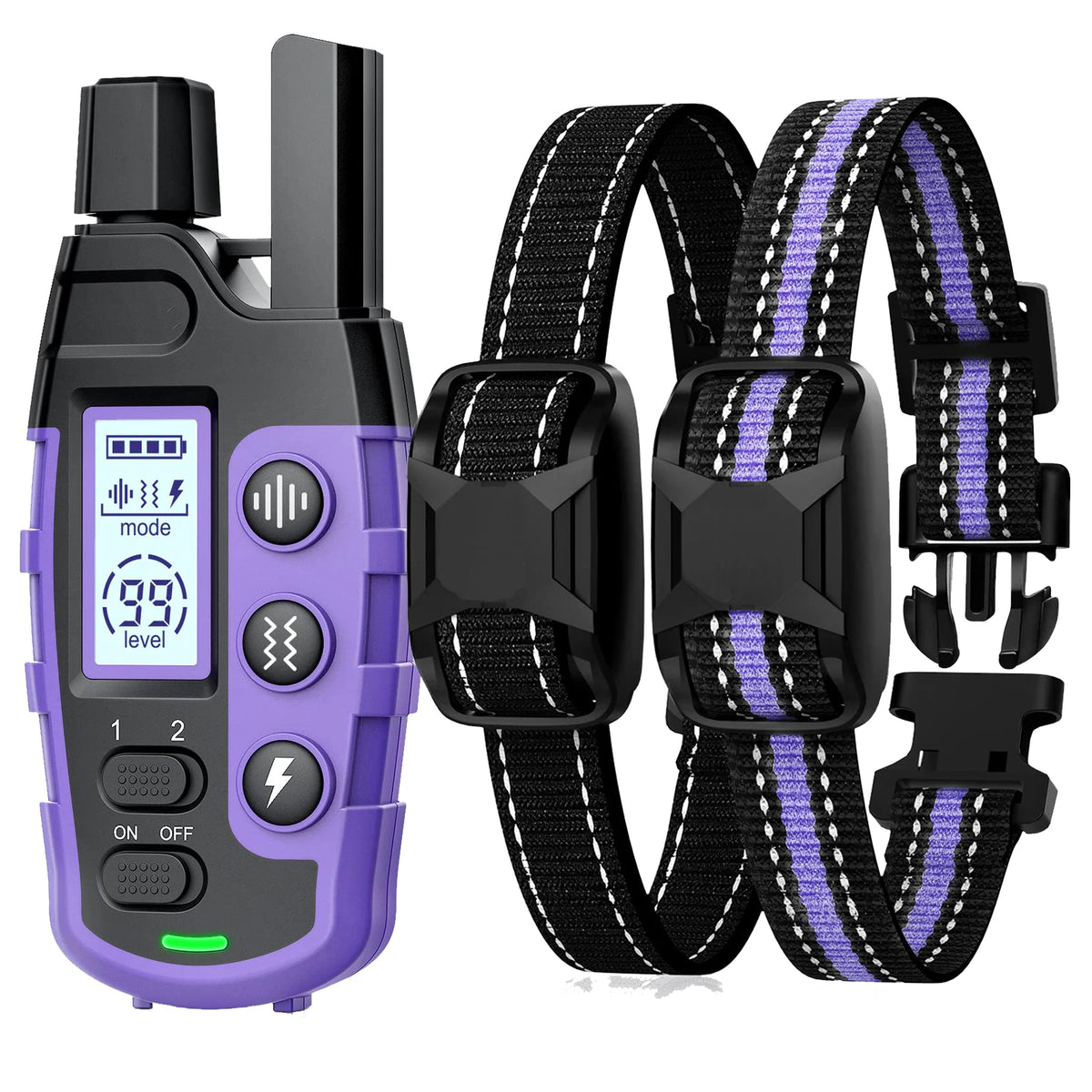Collar de entrenamiento eléctrico negro con carcasa morada y correa negra y morada.