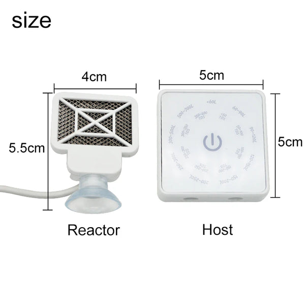 Diagram showing the size and components of a Smart Aquarium Algae Control Device, including the Reactor and Host units.