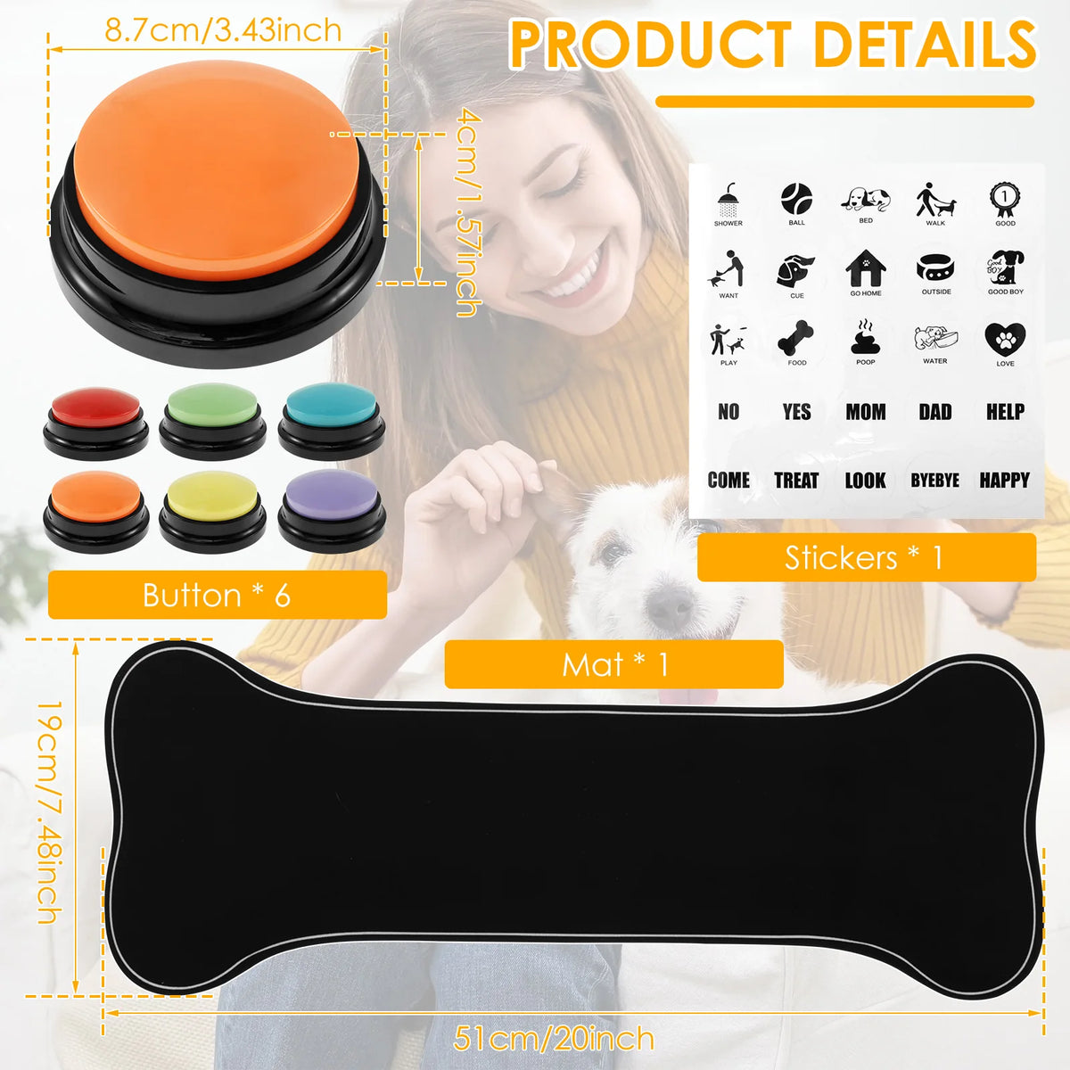 Orange and green dog communication buttons with a black non-slip mat for pet training