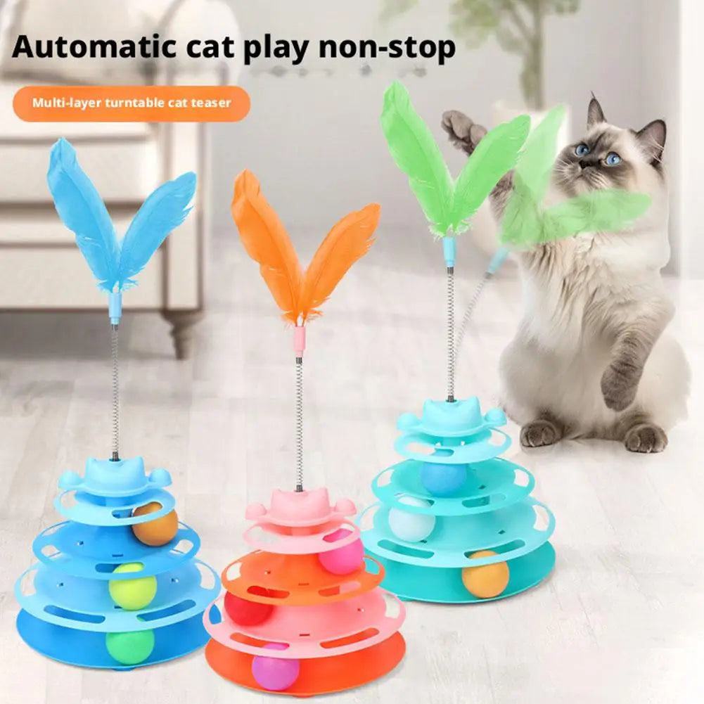 Multi-layer turntable cat teaser toy tower with colorful feathers and balls for cats