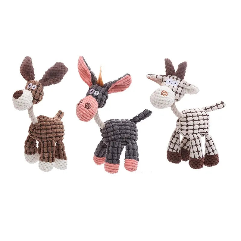 A plush stuffed donkey dog toy with a squeaker, featuring brown and white coloring.
