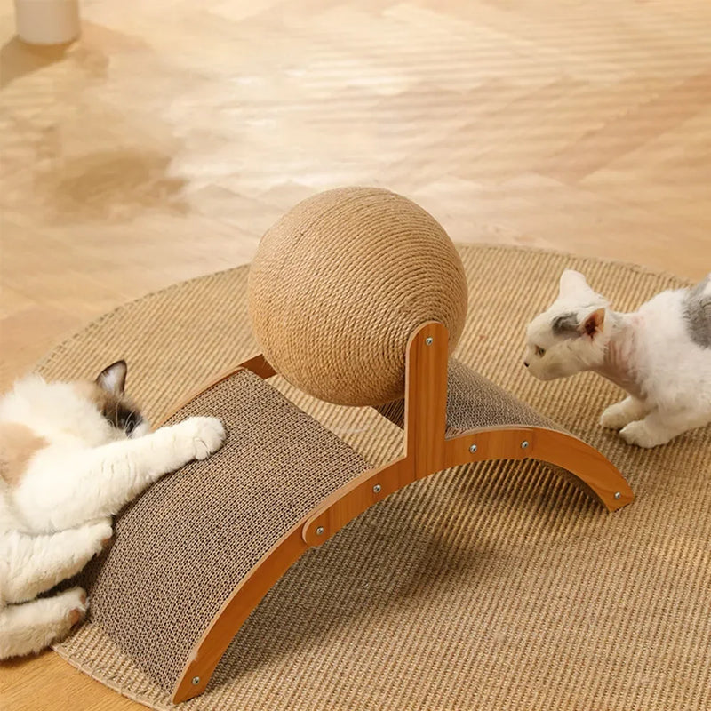 Balle à griffer 2-en-1 pour chat avec support en bois