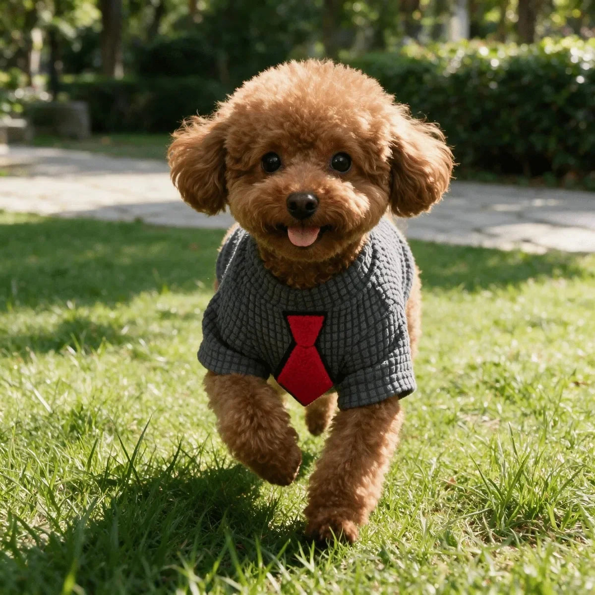 A fluffy golden retriever puppy wearing a gray waffle knit shirt with a red tie, standing in green grass.