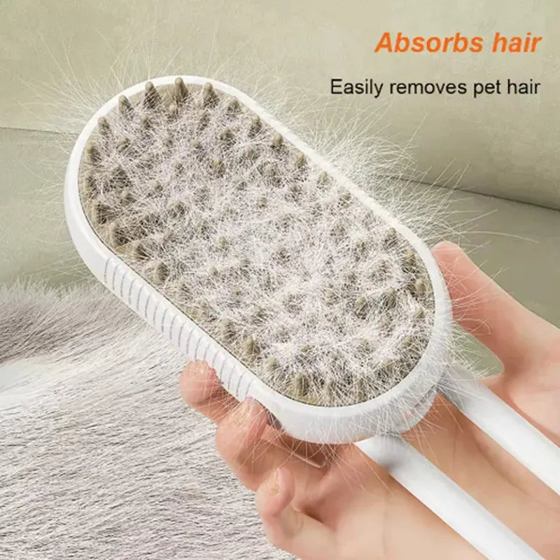 A white pet grooming comb with bristles is shown being used to remove hair from a pet.