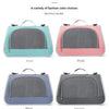 A variety of pastel colored breathable pet carrier bags for cats and small dogs including green pink blue and dark gray