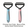 A pair of stainless steel pet detangling combs in blue and pink colors.