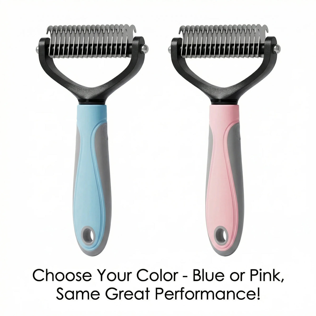A pair of stainless steel pet detangling combs in blue and pink colors.