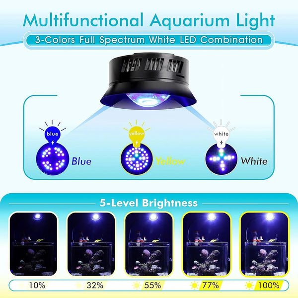 Multifunktionale Aquariumbeleuchtung mit blauem, gelbem und weißem Lichtspektrum und Helligkeitsstufen