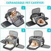 Expandable pet carrier backpack shown in four configurations with dogs and cats