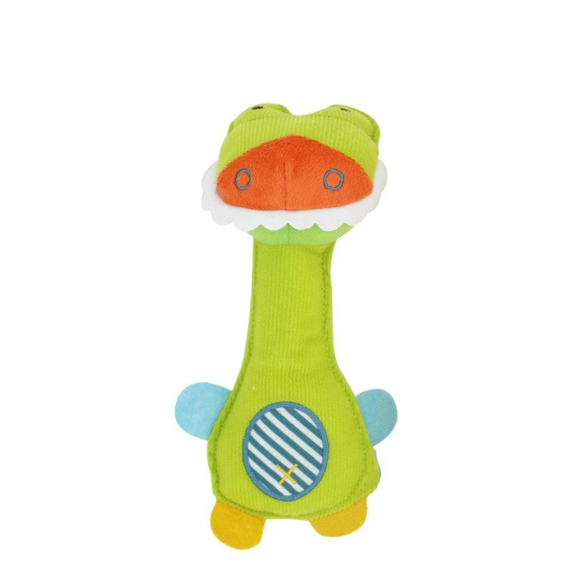 A bright green plush dog toy shaped like a frog with an orange face and blue accents.