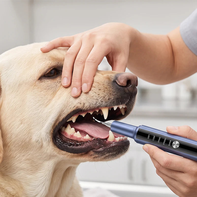 A person is using an ultrasonic pet dental cleaner to clean the teeth of a dog.