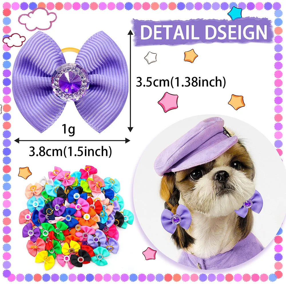Lila Tierhaarkrausen-Set mit einer großen Schleife und vielen kleinen bunten Blumen-Schleifen für Hunde und Katzen.