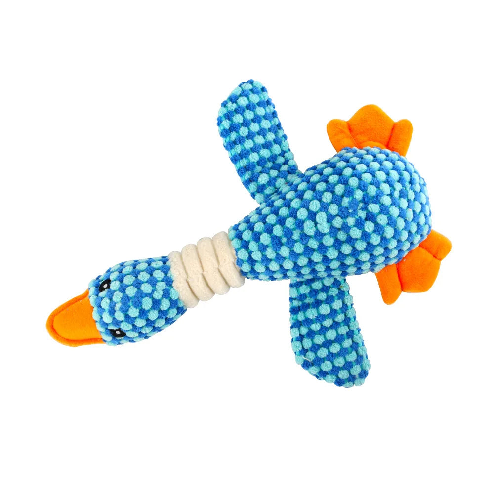 A blue animal-shaped squeaky dog toy with an orange nose and a corduroy cover.