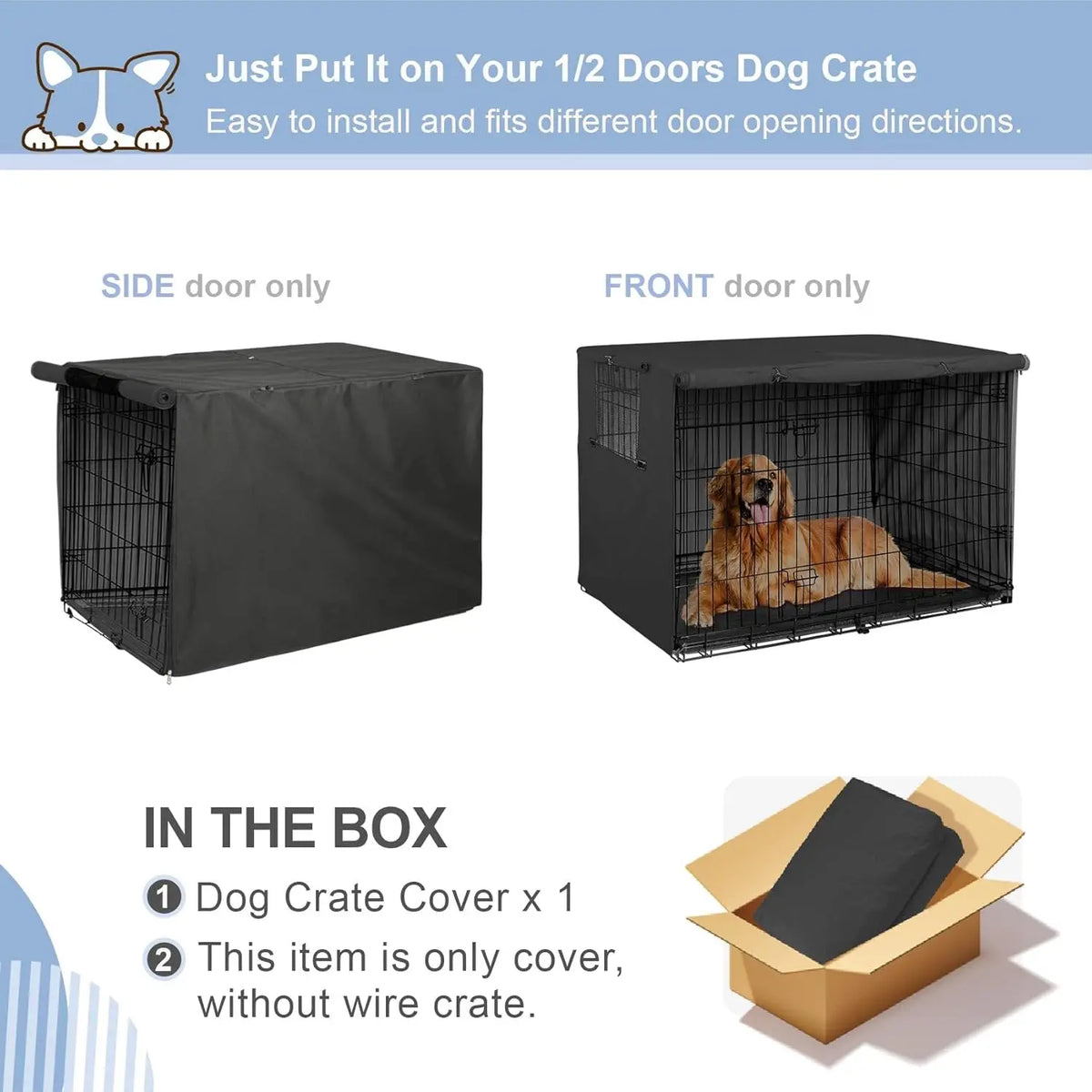 Heavy Duty Dog Crate Cover for 42-Inch Wire Kennels – Black