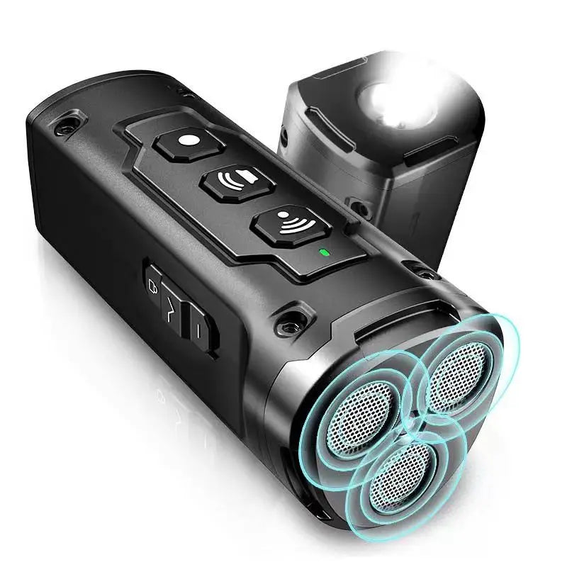 Disuasorio de ladridos ultrasónico para perros negro con linterna LED y múltiples aberturas para altavoces.