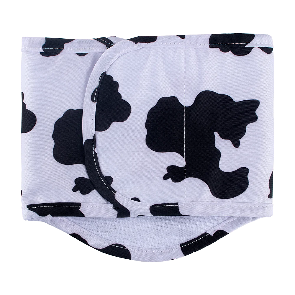 White and black cow print reusable male dog sanitary pants with an adjustable fit