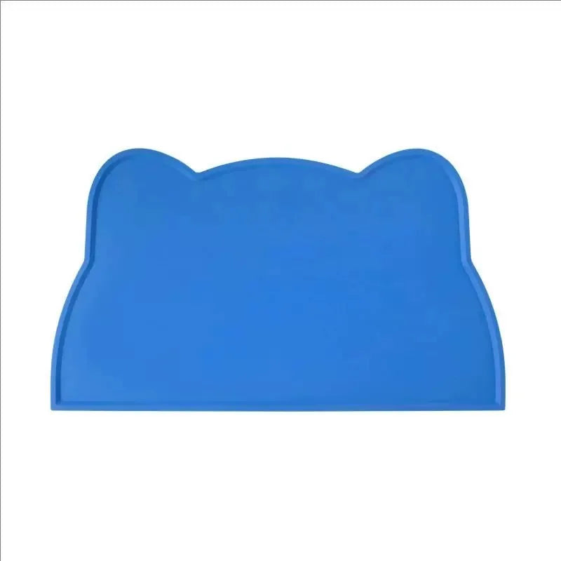 Blue silicone cat face pet feeding mat for food and water bowls