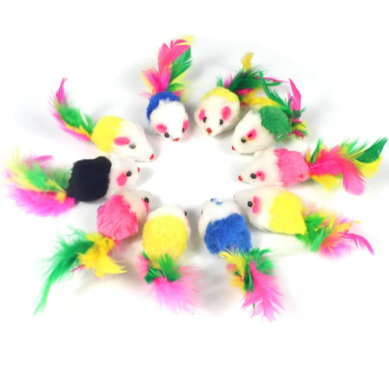 Pawstrip Rabbit Fur False Mouse Cat Toy with Feather Rainbow Ball