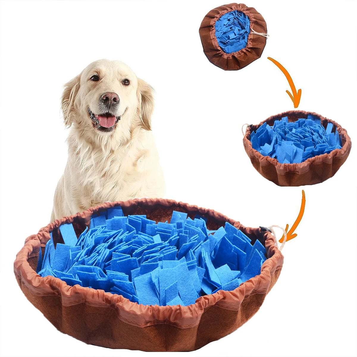 A golden retriever is shown next to a brown felt pet sniffing pad with blue foldable material.