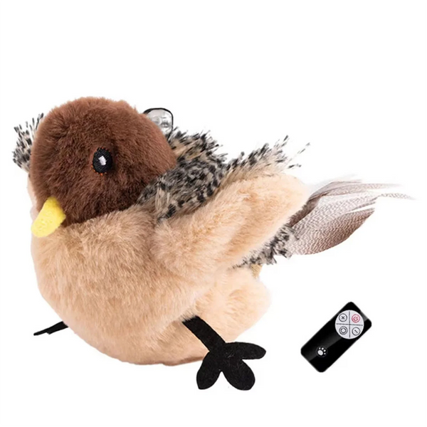 A fluffy brown and gray sparrow cat toy with a black remote control is shown.
