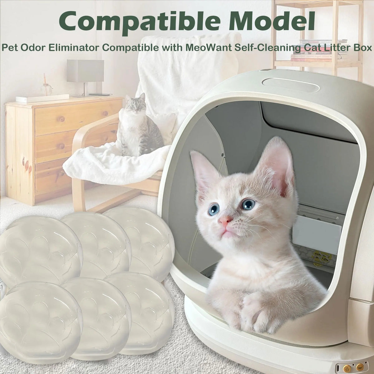 A fluffy orange kitten is inside a white pet odor eliminator device with multiple litter pads visible.