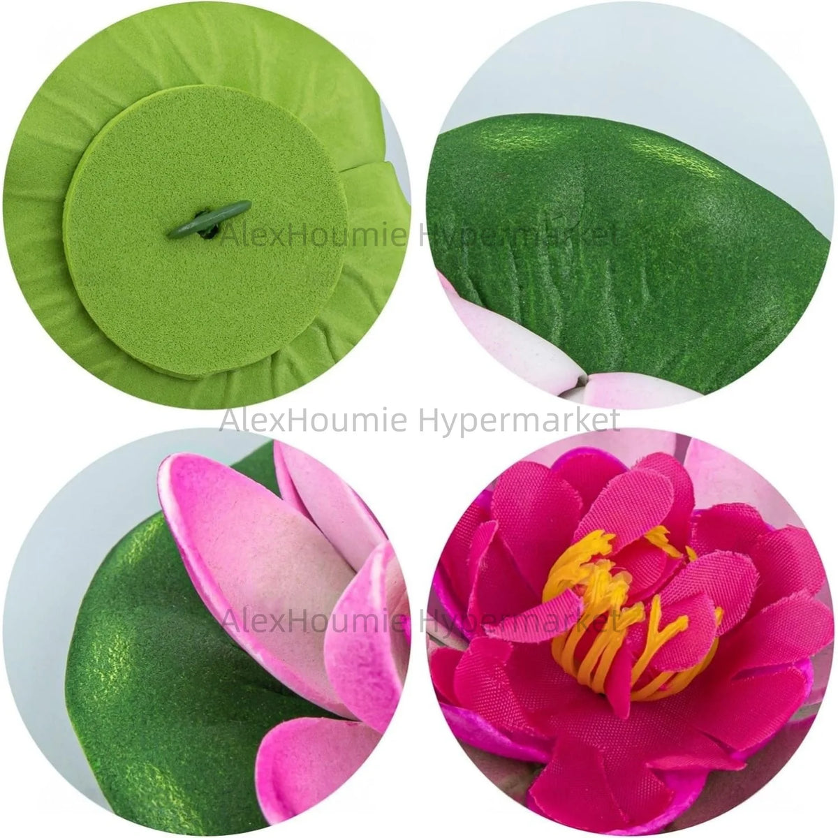 A set of seven floating foam lotus flowers with green and pink water lily pads.
