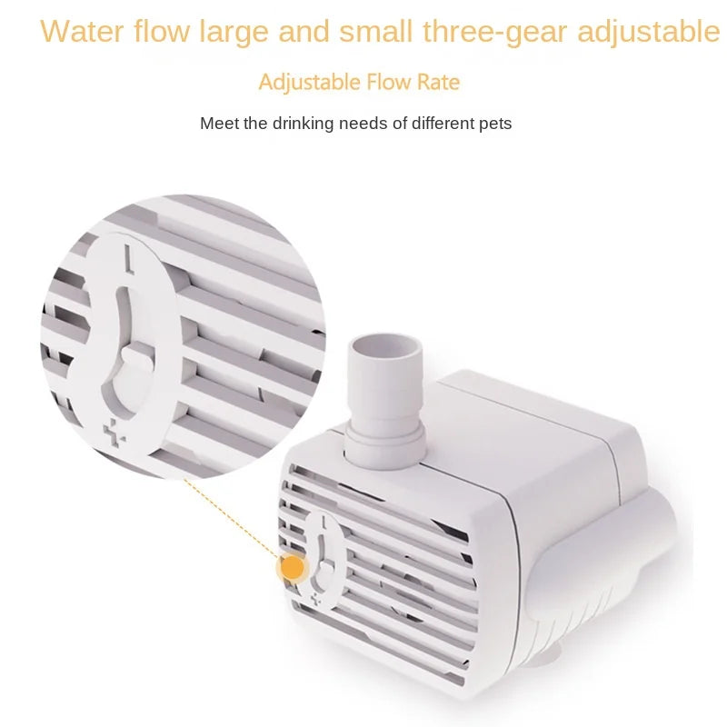 A white three-gear adjustable water flow pump for pet fountains, shown in a close-up view.