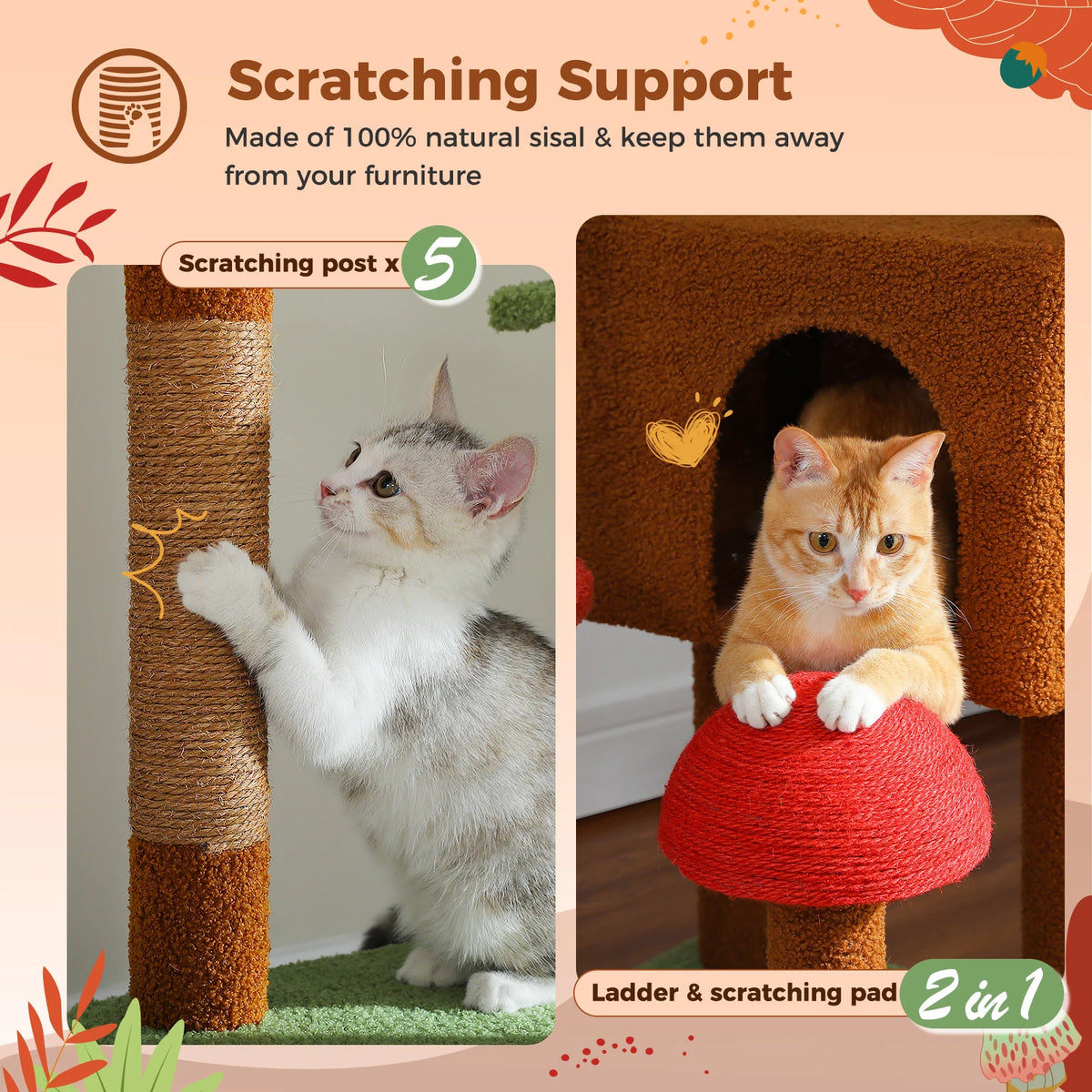 A cat is using a scratching post and pad on an adjustable floor-to-ceiling cat tree with a condo.