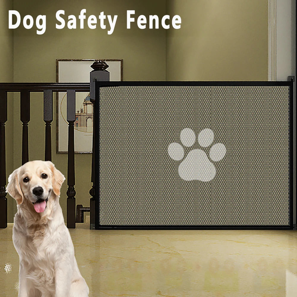 A black dog safety fence mesh gate with a paw print design installed between wooden railings.