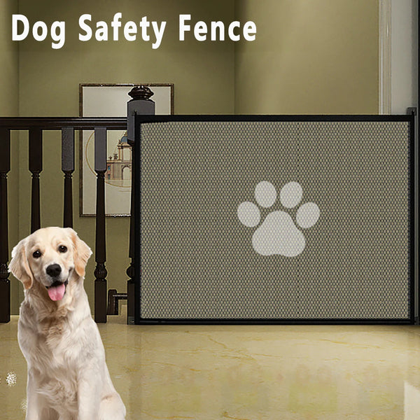 A black dog safety fence mesh gate with a paw print design installed between wooden railings.