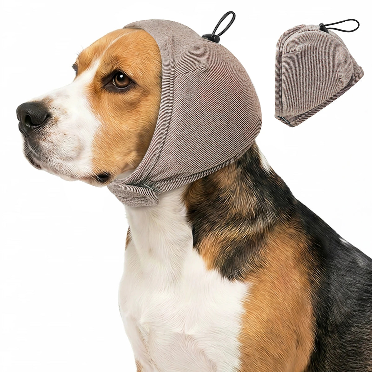 A dog wearing a gray calming ear wrap hood for noise reduction and anxiety relief.