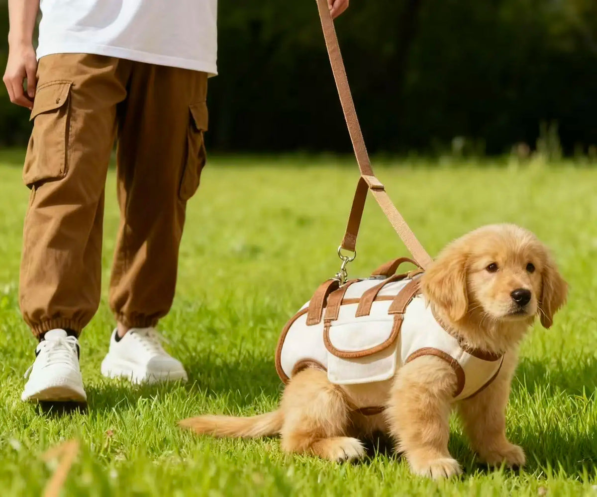 A golden retriever puppy is sitting next to a person, wearing a beige breathable dog sling carrier for walking.