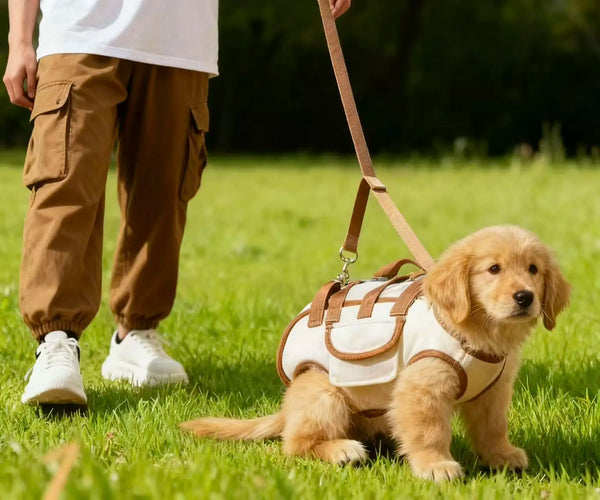 A golden retriever puppy is sitting next to a person, wearing a beige breathable dog sling carrier for walking.