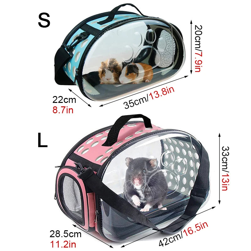 A transparent foldable pet travel carrier in black and pink with a shoulder strap, showing a small cat inside.