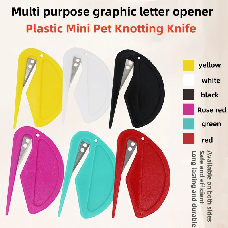 A collection of multi-purpose plastic mini pet knotting knives in various colors including yellow, white, black, pink, green,