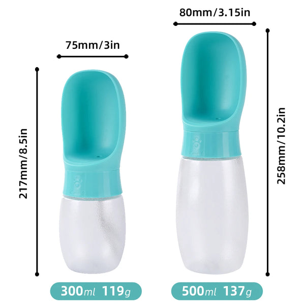A pair of portable pet water bottles in teal and clear plastic with integrated bowls, showing dimensions and weights.