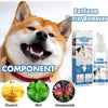 A close-up of a dog's face next to a bottle of Pet Foam Tartar Remover showing the component ingredients: Glycerin, Mint, and