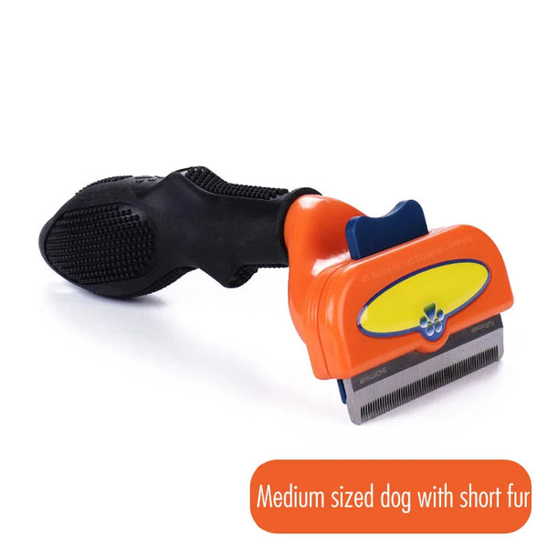 An orange and black self-cleaning pet grooming brush designed for short-haired dogs.